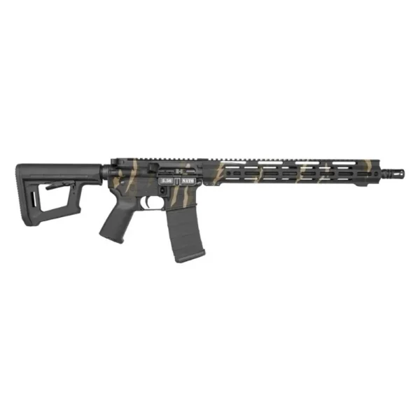 Diamondback DB15 Rifle, right-side view with tiger stripe finish, stock, magazine and ventilated handguard