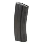 ASC AR Family Rifle Magazine, curved black magazine in front three-quarter view with grey follower