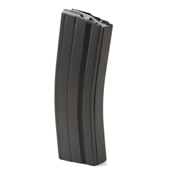 ASC AR Family Rifle Magazine, curved black magazine in front three-quarter view with grey follower