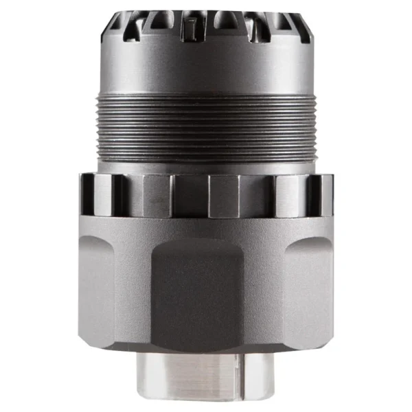 Dead Air P-Series Booster Assy, silver and black front view with threaded body and notched top