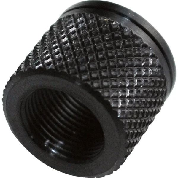 Grovtec AR-1 Muzzle Thread Protector, black knurled cylinder with visible internal threads