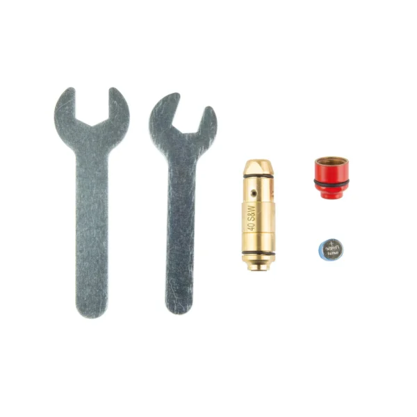 Laserlyte Laser Cartridge Trainer and Bore Sight 40 S&W, brass cartridge with tools and parts