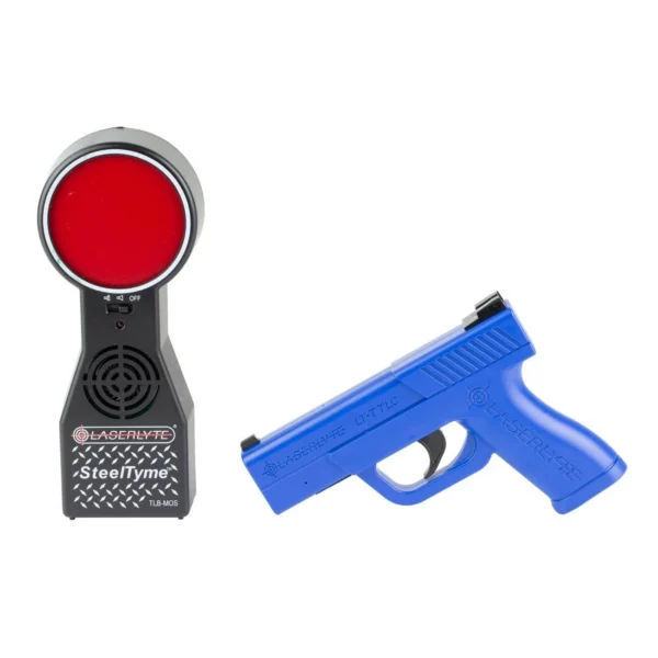 LaserLyte Target Trainer Pistol Kit with blue training pistol and black target with red center