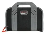 G-Outdoors Double Pistol Case, black and gray front view with handles and red zipper pulls