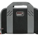 G-Outdoors Double Pistol Case, black and gray front view with handles and red zipper pulls