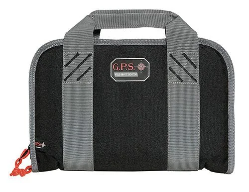 G-Outdoors Double Pistol Case, black and gray front view with handles and red zipper pulls
