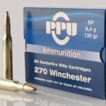 Prvi Partizan PPU 270WIN SP, blue ammunition box with three brass cartridges