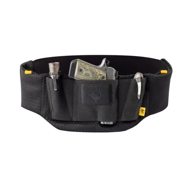 Mission First Tactical Belly Band Holster, black front view with holster and accessory pockets