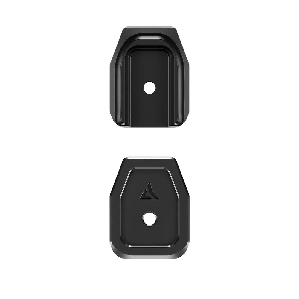 primary-54856 Radian Weapons Tru-17 Magazine Base Pad, two black base pads shown from top and underside