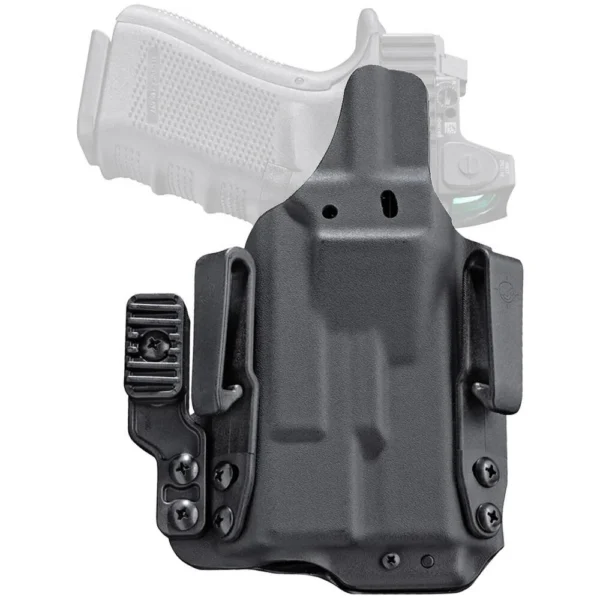 Mission First Tactical Pro Series IWB Light Holster, black front view with belt clips