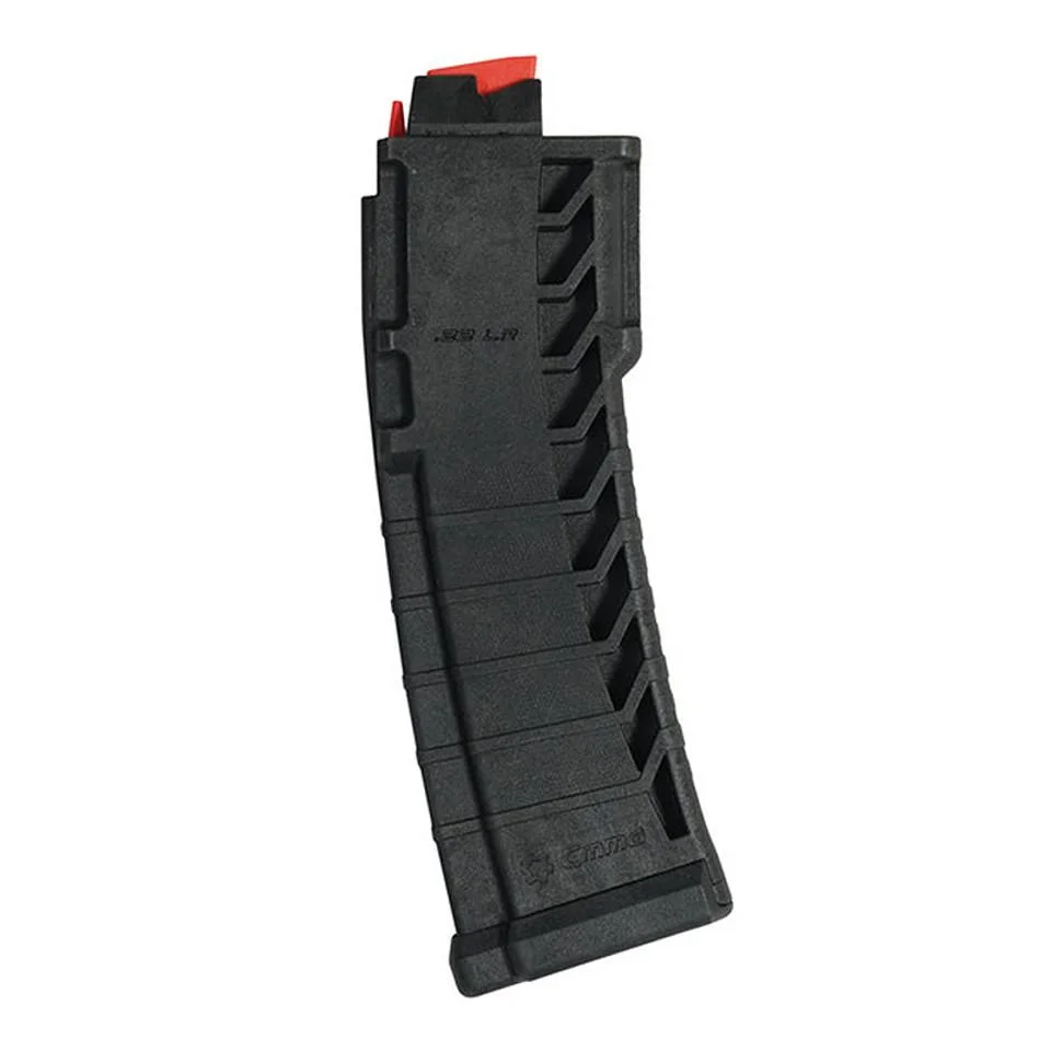 primary-54873 CMMG Mk4/AR15 Rifle Magazine, black curved magazine in side view with red follower