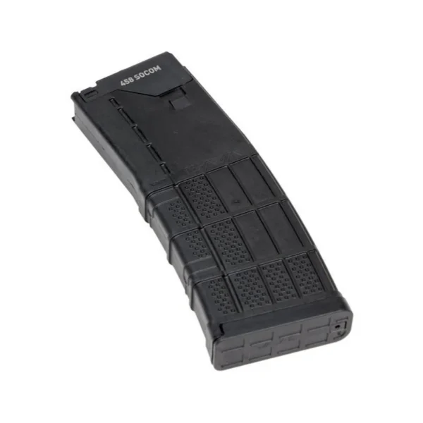 CMMG MkW-15 Rifle Magazine, angled view of curved black magazine with textured panels