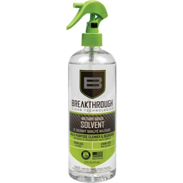 Breakthrough Clean Technologies Military Grade Solvent, clear bottle with green trigger sprayer