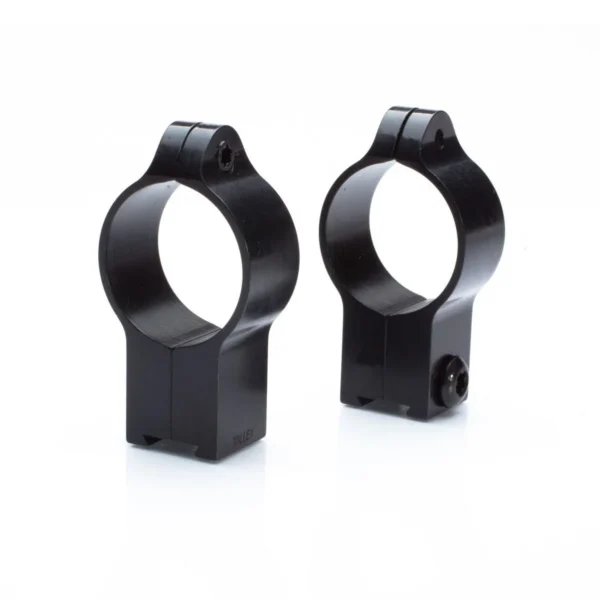 Talley 2-Piece Rimfire Scope Rings, two black rings in angled front view with mounting screws