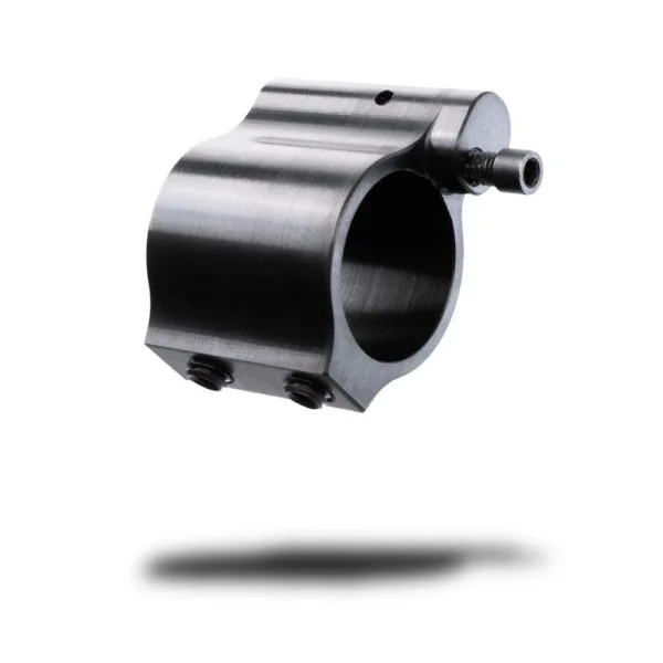 CMMG Zeroed Adjustable Gas Block, black metal three-quarter view with circular opening and screws