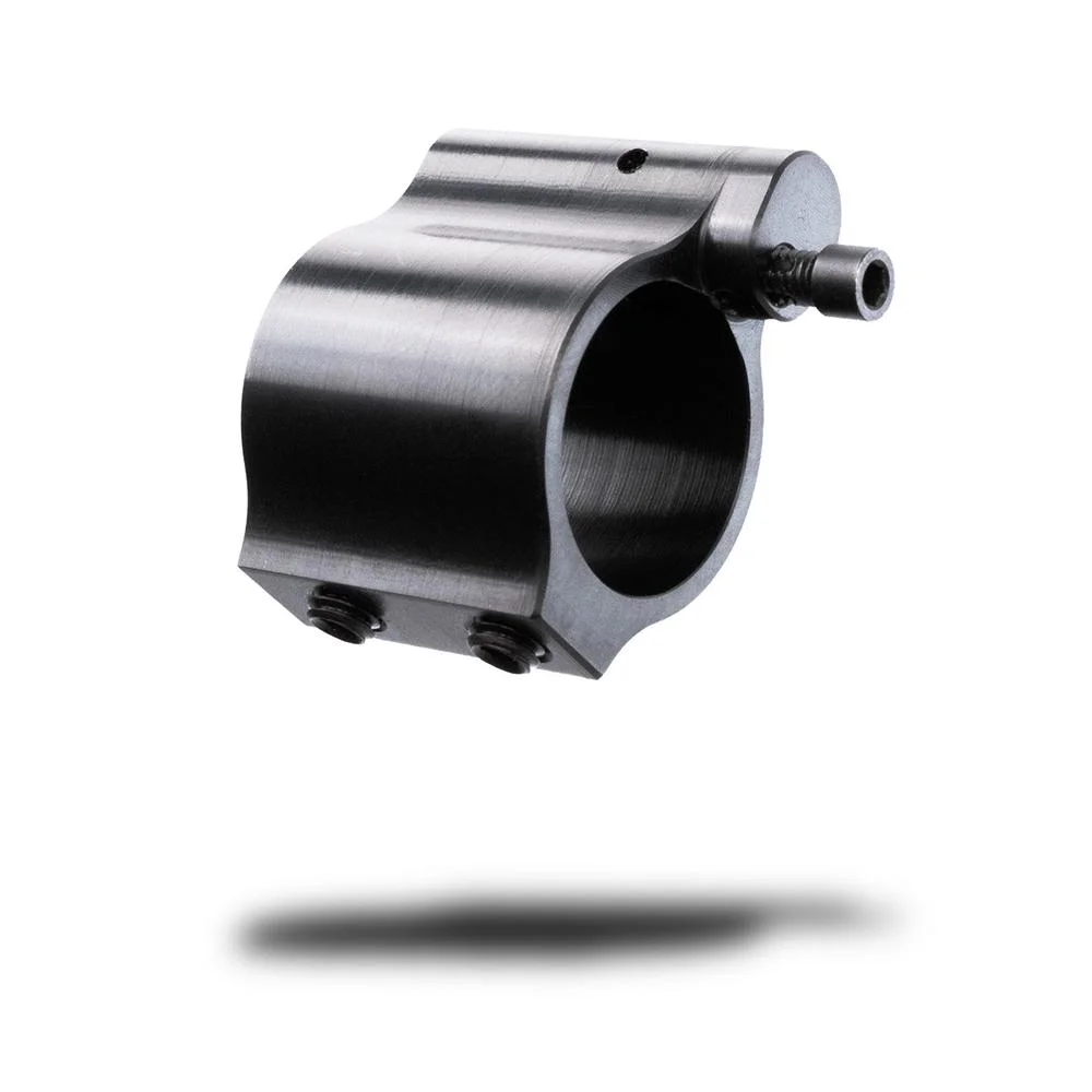 primary-54915 CMMG Zeroed Adjustable Gas Block, black metal three-quarter view with circular opening and screws