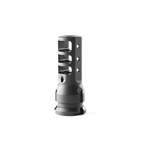 DEAD AIR KEYMO BRAKE .46 11/16X24, black and silver side view with multiple ports