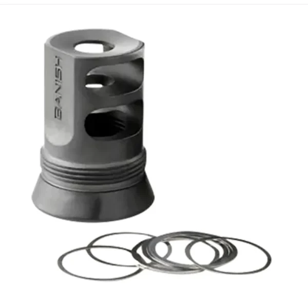 Banish 4673 30-Gold/46 Muzzle Brake in gray, angled view with side ports and threaded base