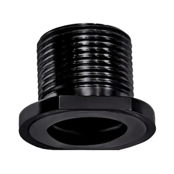 Banish 5895 Thread Adapter, black angled view with exterior threads and flanged base