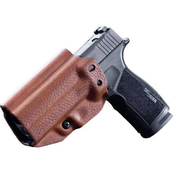 Mission First Tactical Leather Hybrid Holster for Sig Sauer P365-XMacro, brown with pistol inserted
