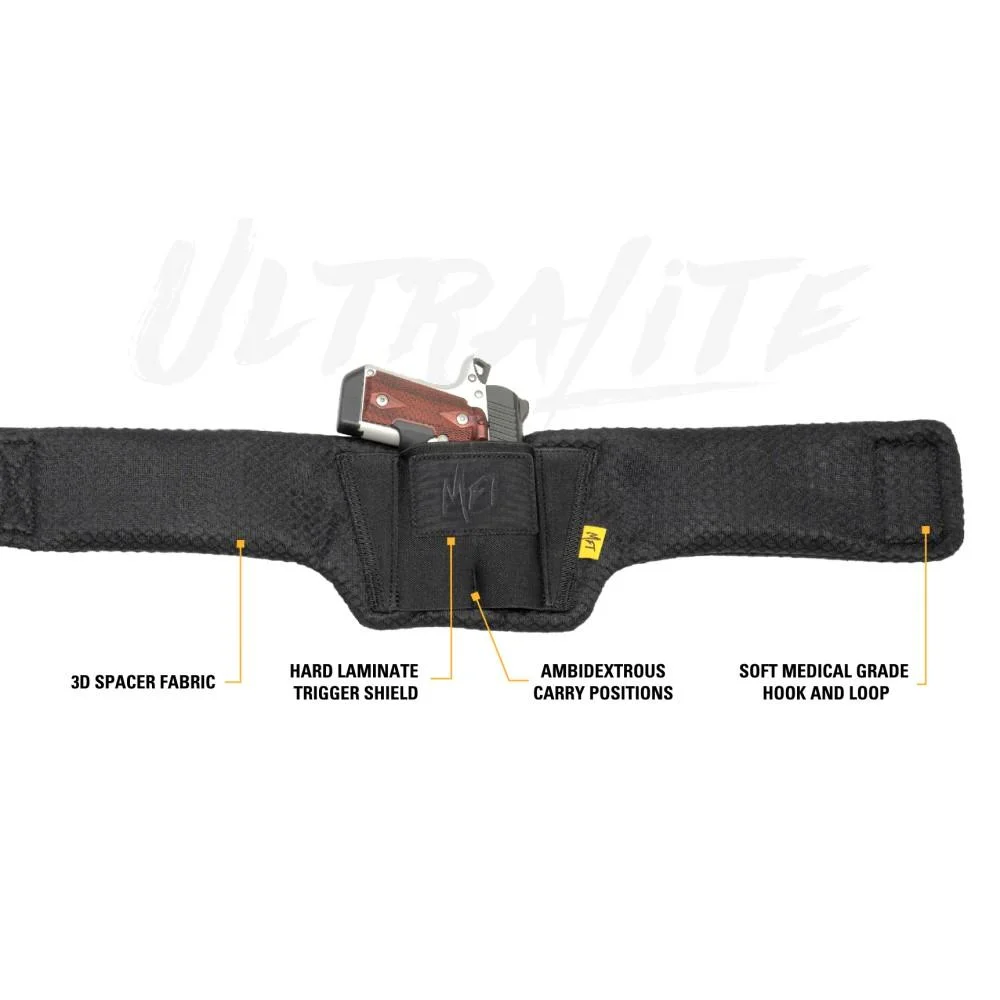 primary-54995 Mission First Tactical Ultralite Belly Band Holster sage green, front view holding a handgun