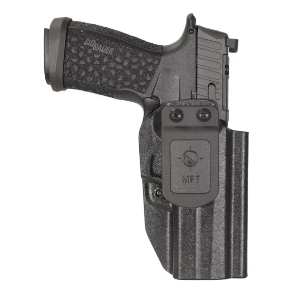 Mission First Tactical AIWB/OWB Holster for Sig P365-FUSE, black front view holding a pistol