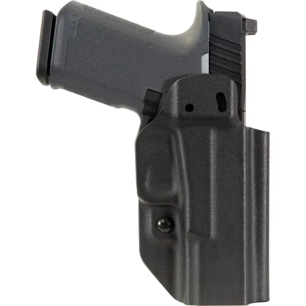 Mission First Tactical Ruger RXM Holster, black front view holding a pistol with belt clip visible