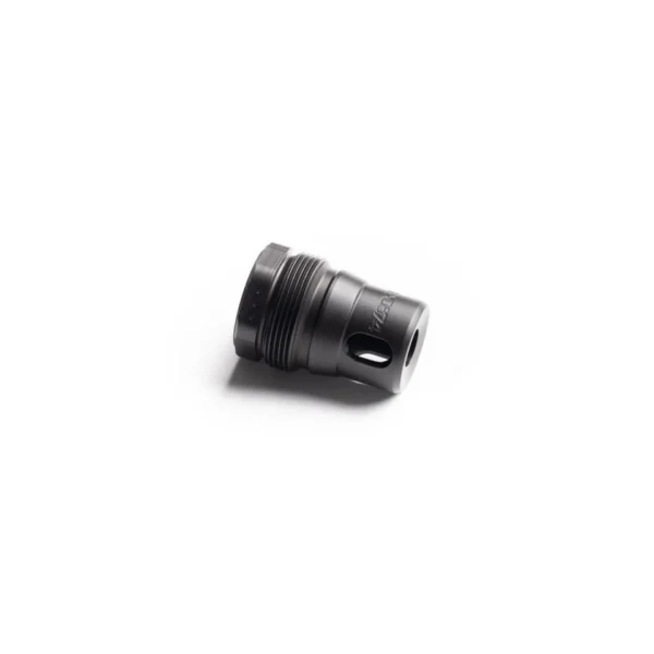 Dead Air XRF black rimfire muzzle brake, angled side view with threaded end and port