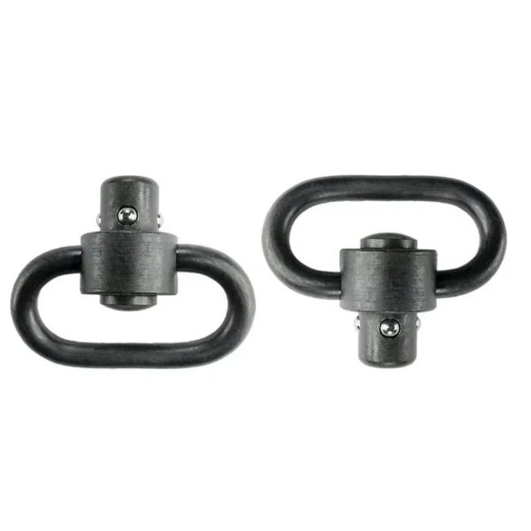 GrovTec Heavy Duty Push Button Swivel Set, two black metal sling swivels in front view