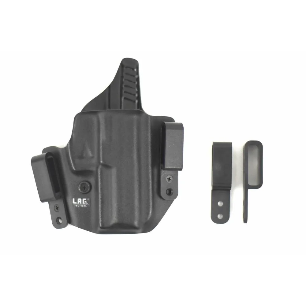 primary-55014 L.A.G. Tactical Defender black molded holster, front view with mounting hardware