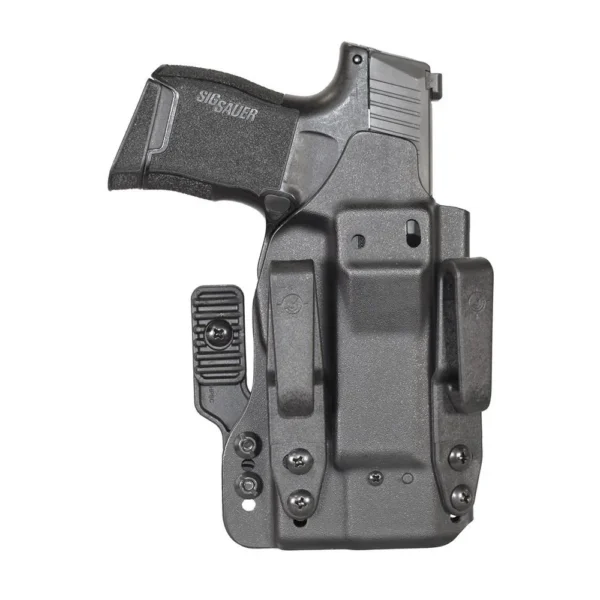 Mission First Tactical Pro Series IWB Holster, black front view with compact pistol inserted