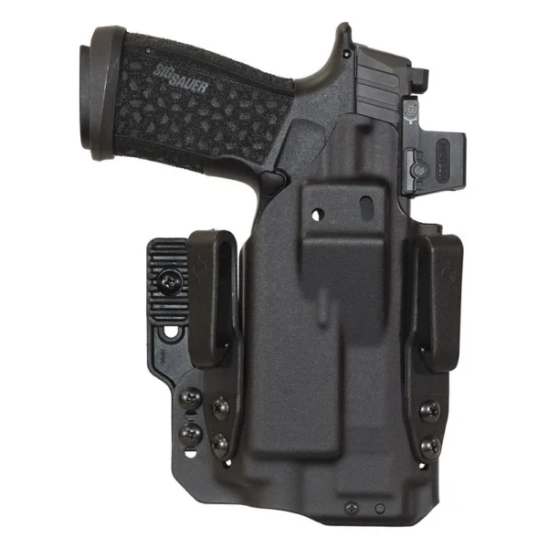 Mission First Tactical Pro Series IWB P365-FUSE holster, black front view with belt clips
