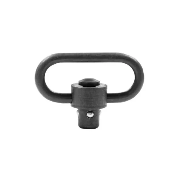 Grovtec Push Button Swivel, black front view with oval loop and push-button base