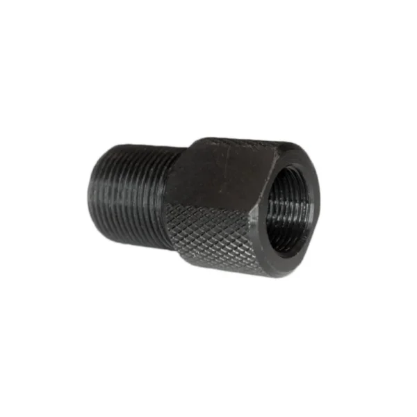 Grovtec Thread Converter 1/2x28 to 5/8x24, black angled view with knurled center