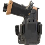Mission First Tactical Pro Series IWB Light Holster, black, front view holding a tan and black pistol