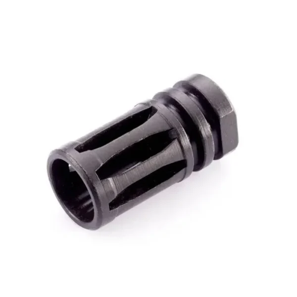 Wilson Combat A2 Birdcage Flash Hider, black angled view with open longitudinal slots