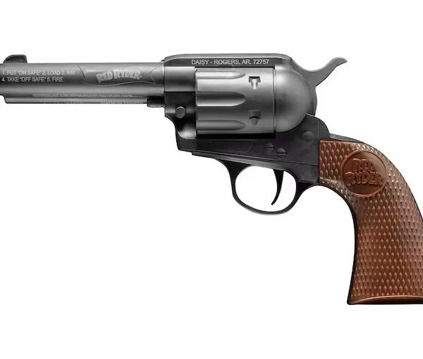 Daisy Red Ryder revolver air gun, right-side view with dark finish and brown grip