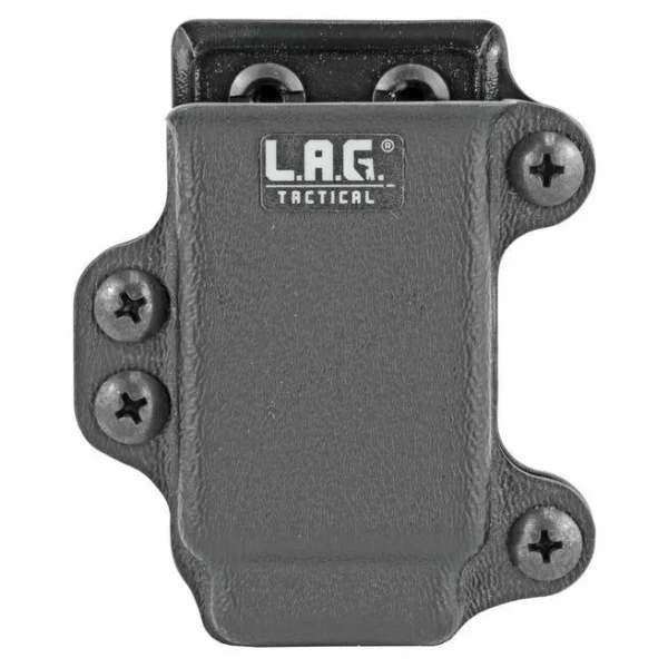 L.A.G. Tactical Single Pistol Magazine Carrier, black front view with four screws and logo