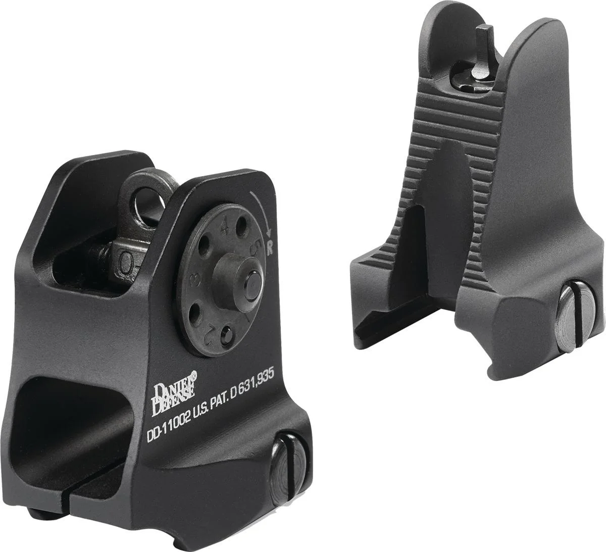 primary-55088 Daniel Defense Fixed Front Rear Sight Combo, black front and rear sights in angled views