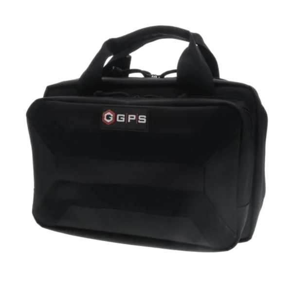 G-Outdoors Pistol Case, black front view with dual handles, zipper and GPS logo