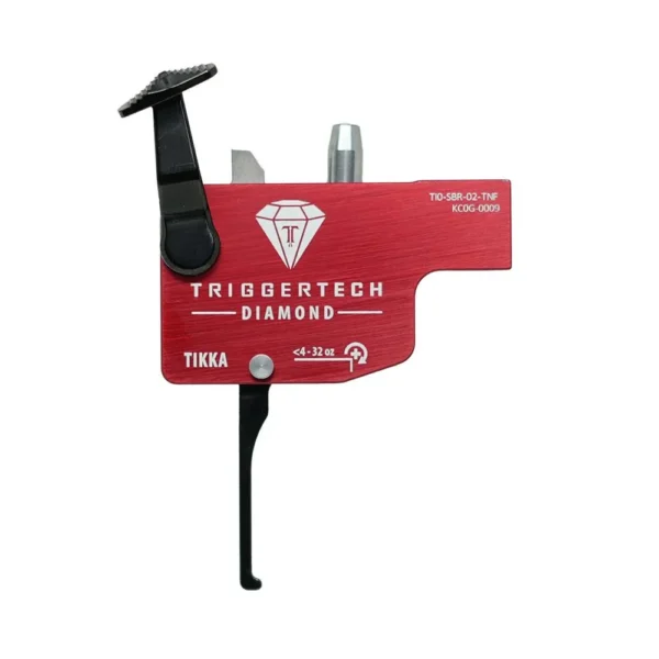 TriggerTech Tikka Diamond Trigger, side view with red housing, black flat trigger and silver pin
