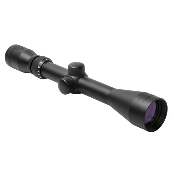 NcStar Shooter I Gen II Series 3-9x40mm Rifle Scope, angled side view in black with adjustment turrets