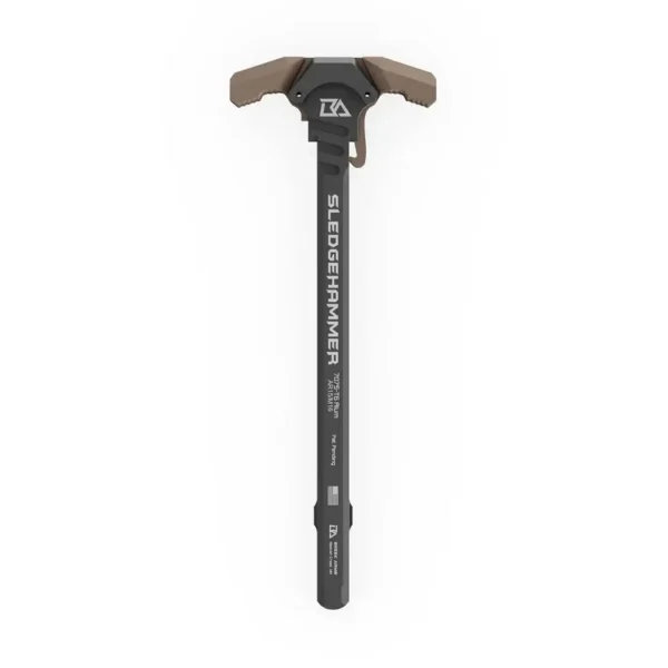 BREEK SLDGHMR AR15 black charging handle with FDE ambidextrous latches, top view