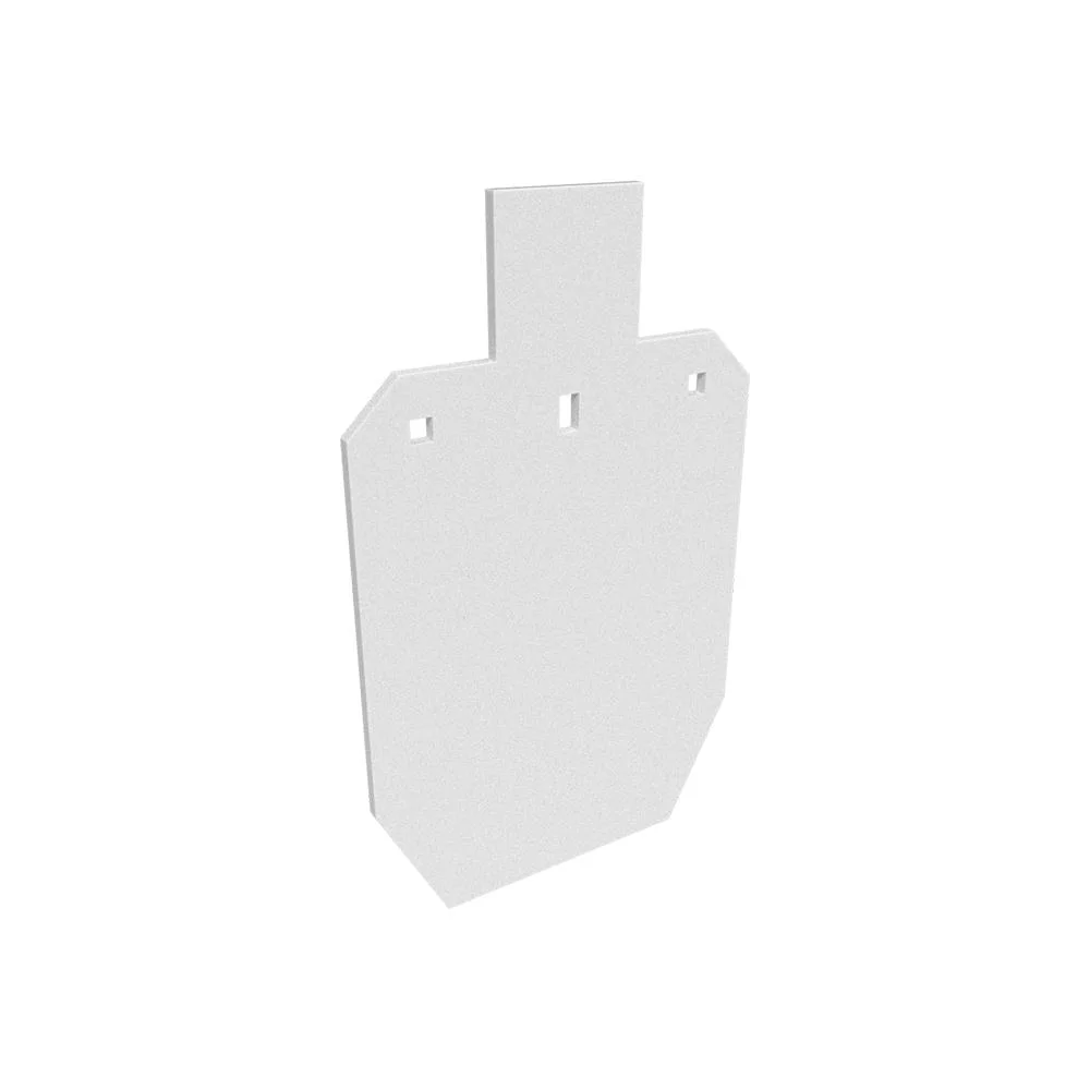 primary-55132 Birchwood Casey Silhouette IPSC steel target, white front view with rectangular top tab