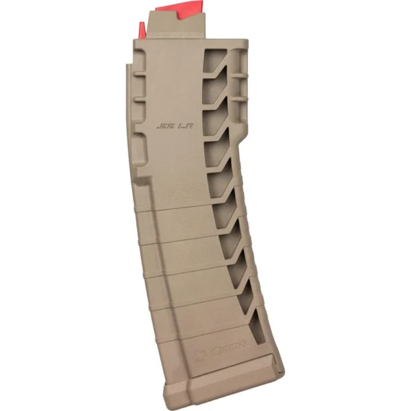 CMMG Mk4/AR15 Rifle Magazine, curved flat dark earth magazine with red follower in side view