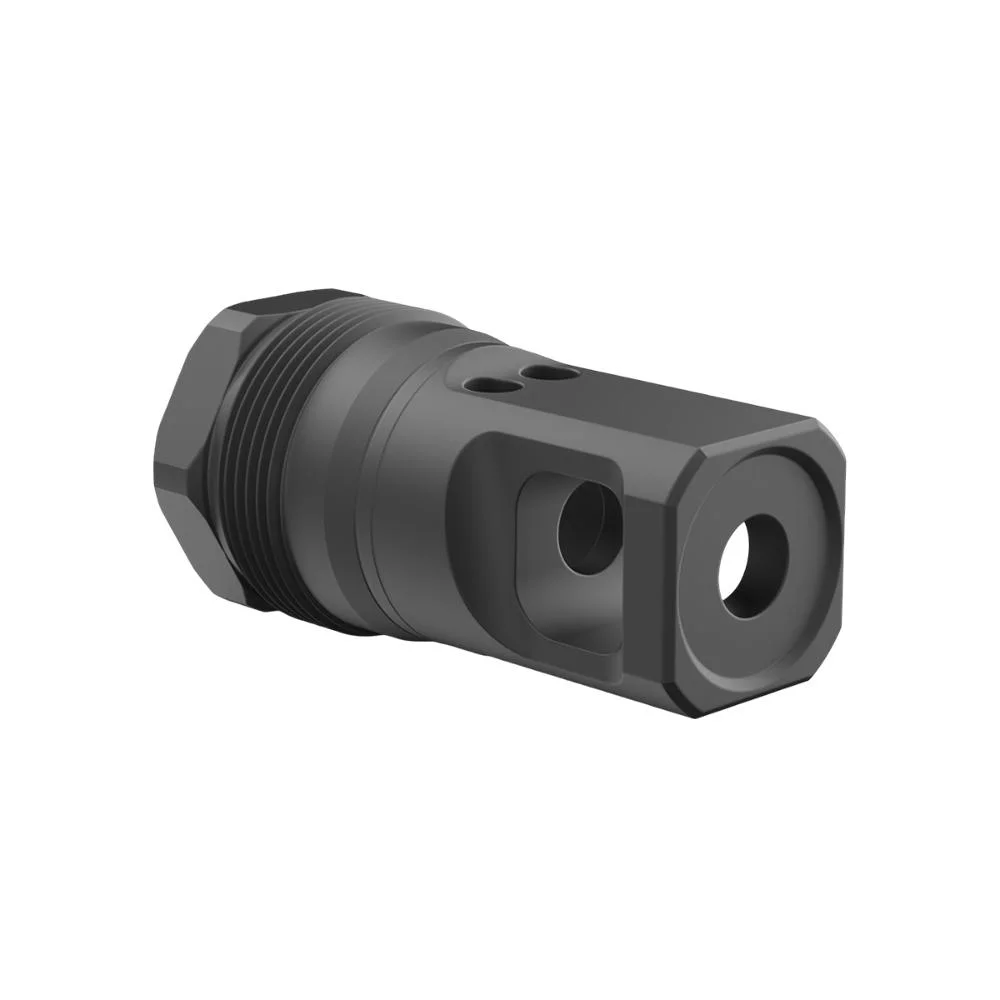 primary-55136 Breek Arms Plan B Echo single-port muzzle brake, black angled front view with threaded end