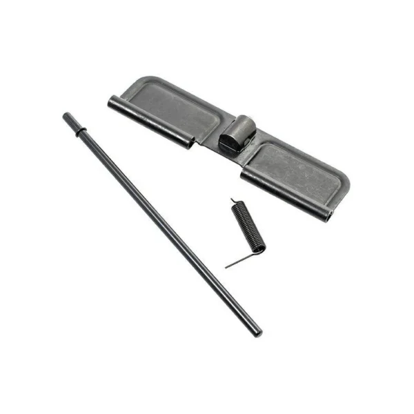 CMMG Ejection Port Cover Kit black cover, rod, spring and pin laid out