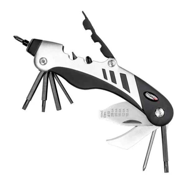 Real Avid Gun Tool Rifle and Shotgun Multi-Tool, open silver and black tool with foldout implements