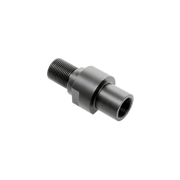 CMMG Thread Adapter PS90, black angled side view showing external and internal threaded ends
