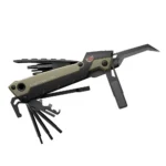 Real Avid Gun Tool Pro AR15 with Sheath olive and black folding multitool opened, side view